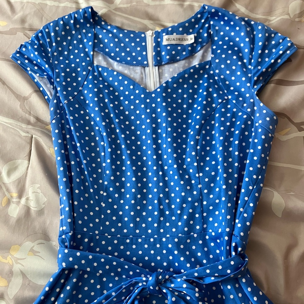 Vintage style Blue Polka Dot Dress with Tie Waist